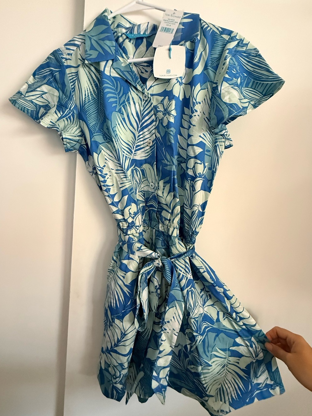 NWT Tori Richard Honolulu Blue and Light Green Tropical Print Shorts Romper - Picture 3 of 4